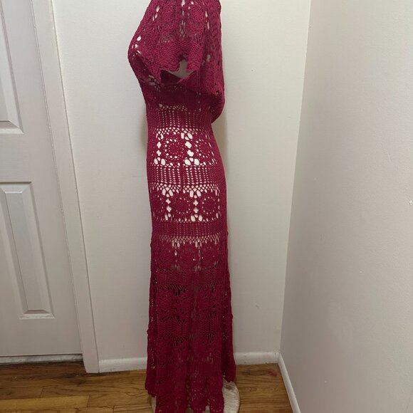 Free People Burgundy Maxi Crochet Short Sleeve Round Neck Dress - Sml - Picture 4 of 4